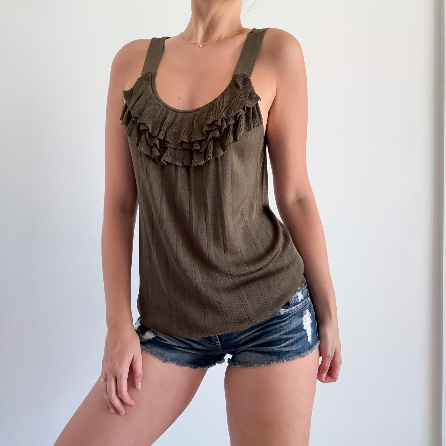 Y2K Army Green Knit Ruffle Slouchy Top / SZ M