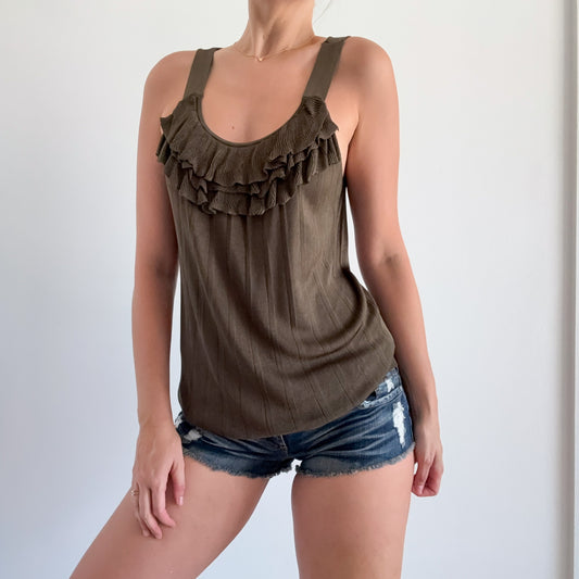 Y2K Army Green Knit Ruffle Slouchy Top / SZ M