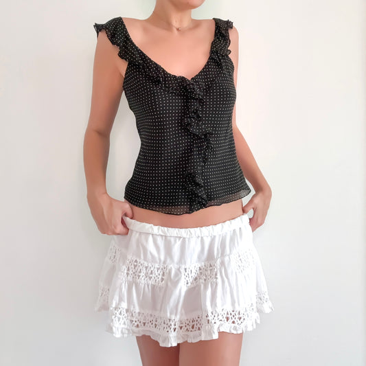 Y2K Black Polka Dot Silk Ruffle Top / SZ 8