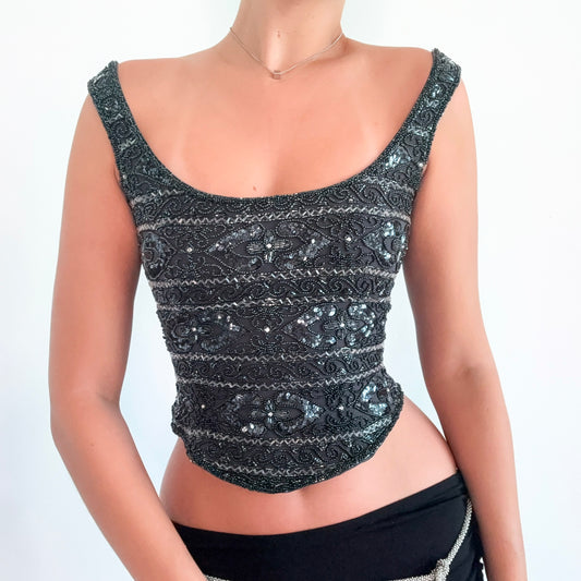 Y2K Grey Silk Beaded Corset Top / SZ 4