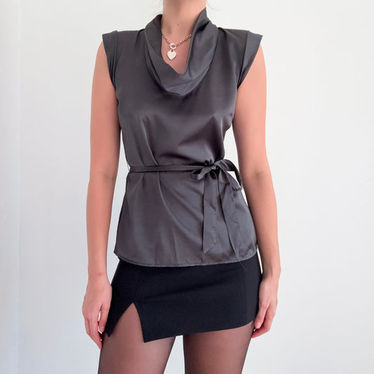 Y2K Dark Grey Satin-y Tie Blouse / SZ M