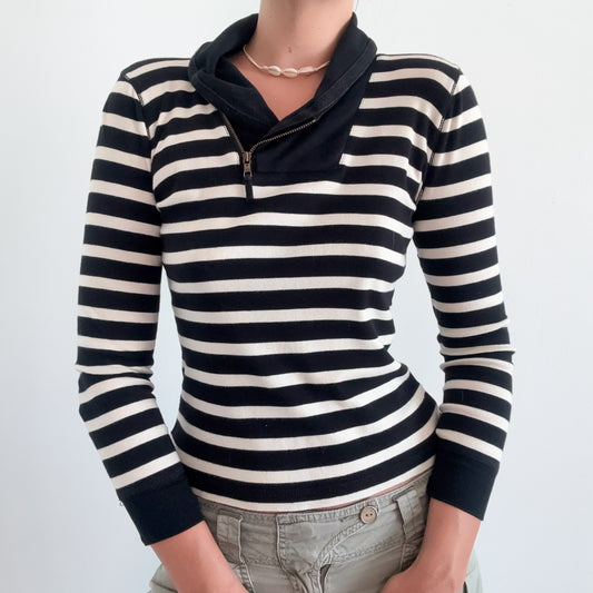 Y2K Black & Ivory Striped Pullover / SZ S