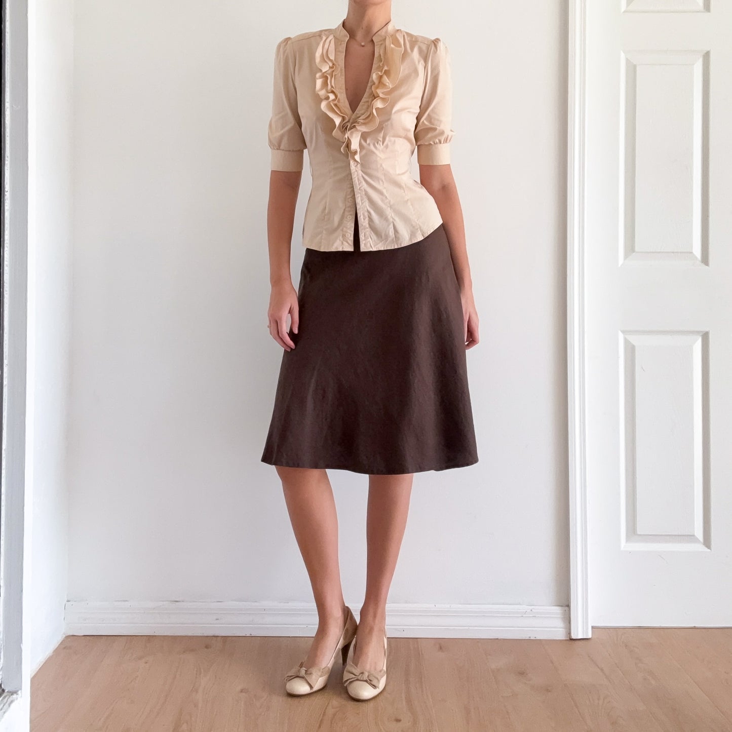 Y2K Brown Linen Midi Skirt / SZ 2-6