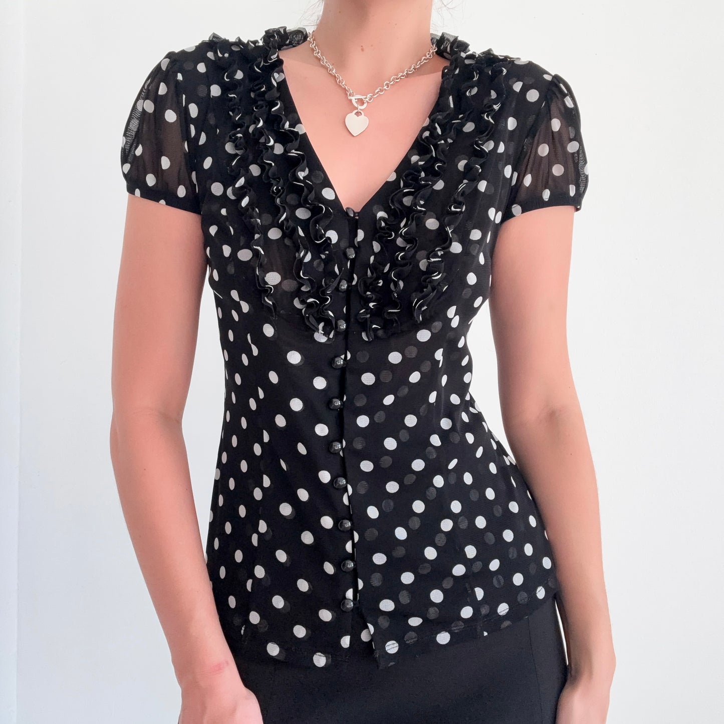 Y2K Black Polka Dot Mesh Ruffle Blouse / SZ S-M