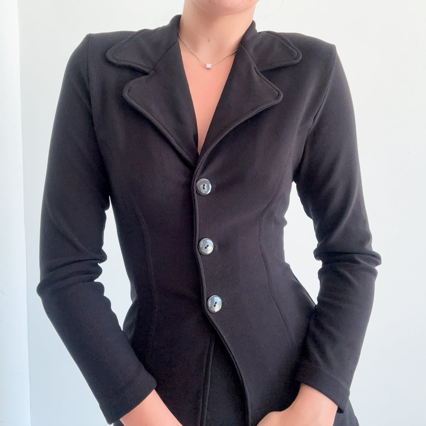 90's Black Ribbed Fitted Blazer Jacket / SZ S