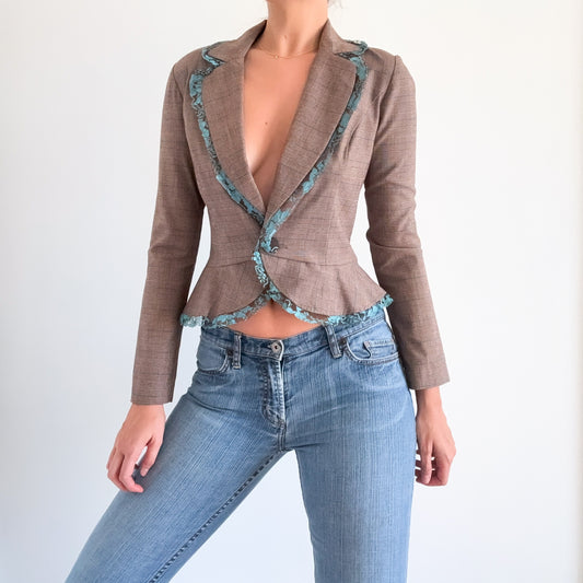 Y2K Brown Plaid & Aqua Lace Blazer / SZ S-M