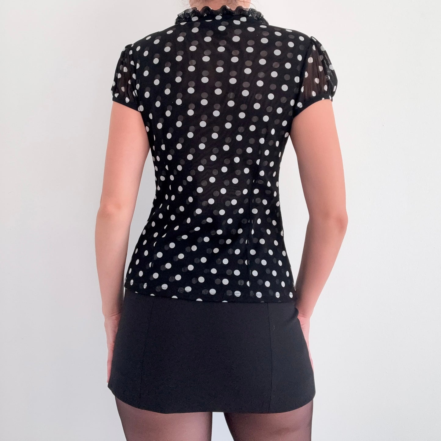 Y2K Black Polka Dot Mesh Ruffle Blouse / SZ S-M