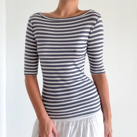 Blue & White Striped Boat Neck Top / SZ XS/S