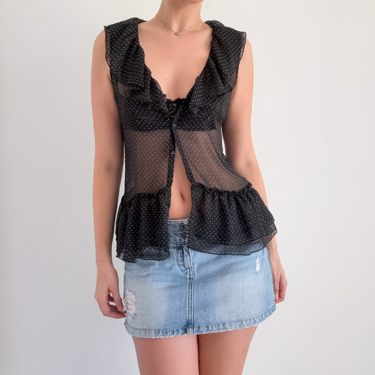 Y2K Black Polka Dot Ruffle Blouse / SZ M