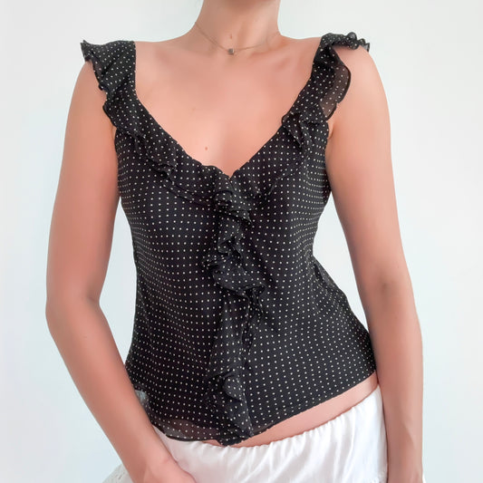 Y2K Black Polka Dot Silk Ruffle Top / SZ 8