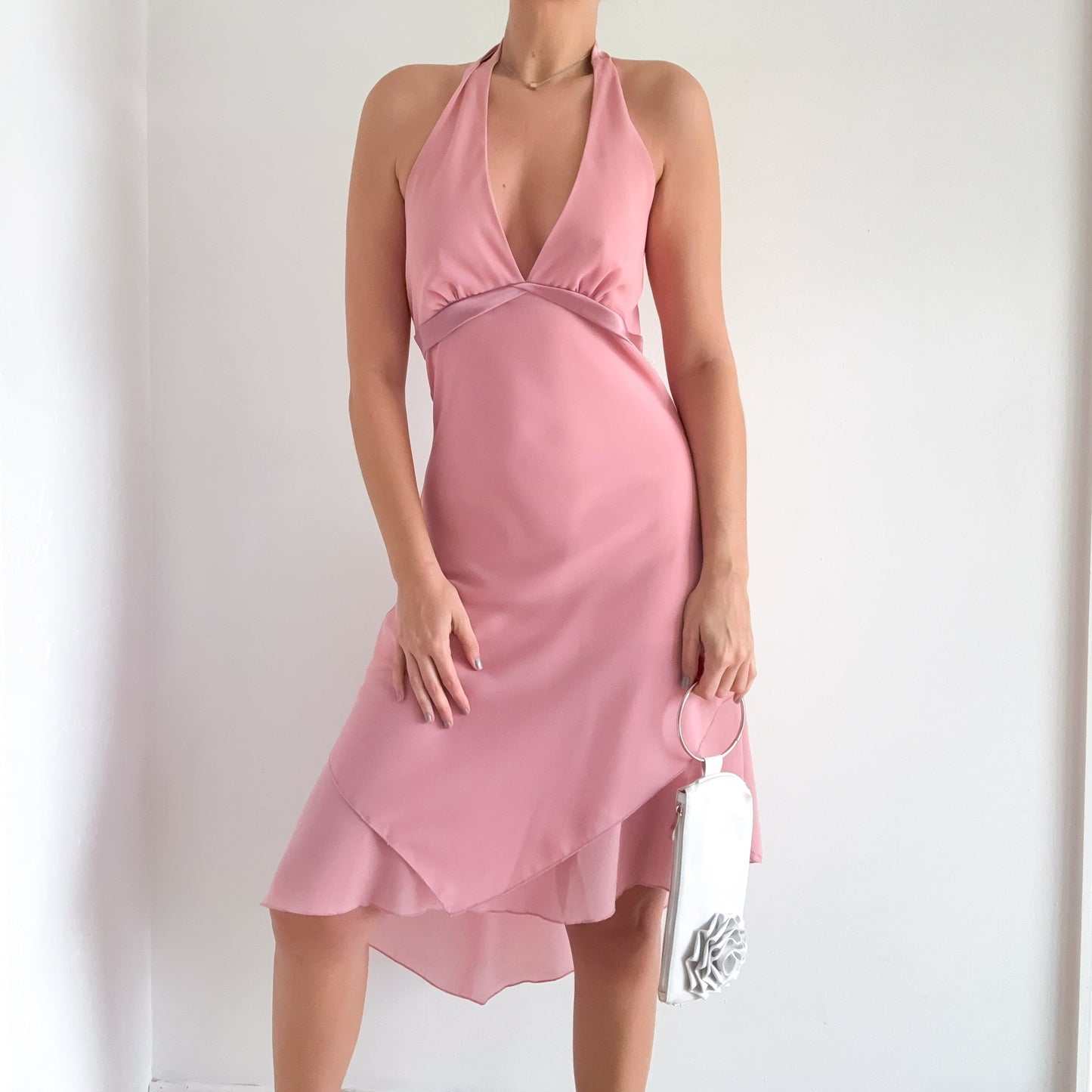Y2K Pink Asymmetric Halter Midi Dress / SZ M-L
