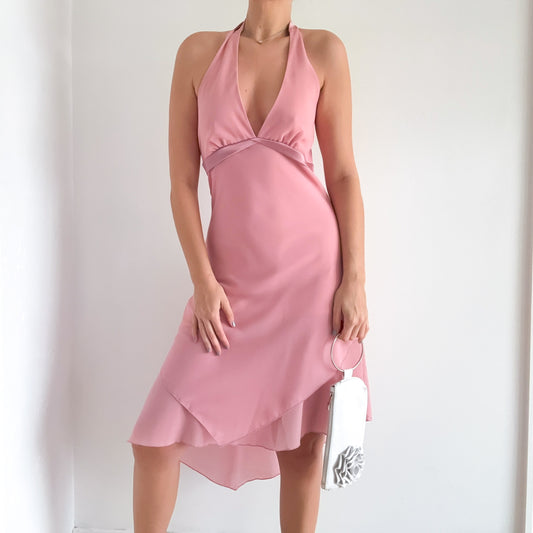 Y2K Pink Asymmetric Halter Midi Dress / SZ M-L