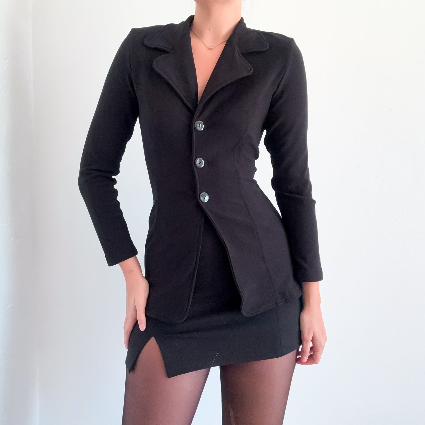 90's Black Ribbed Fitted Blazer Jacket / SZ S