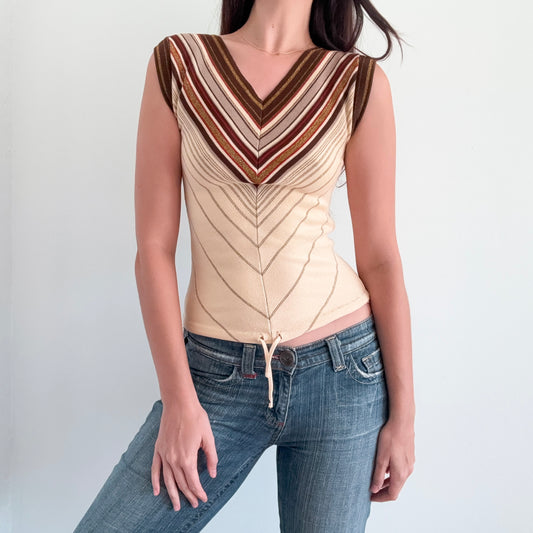 70's Cream & Brown Chevron Knit Top / SZ S