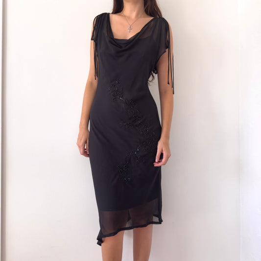 Y2K Black Chiffon Beaded Midi Dress / SZ M/L