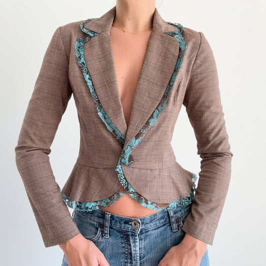 Y2K Brown Plaid & Aqua Lace Blazer / SZ S-M