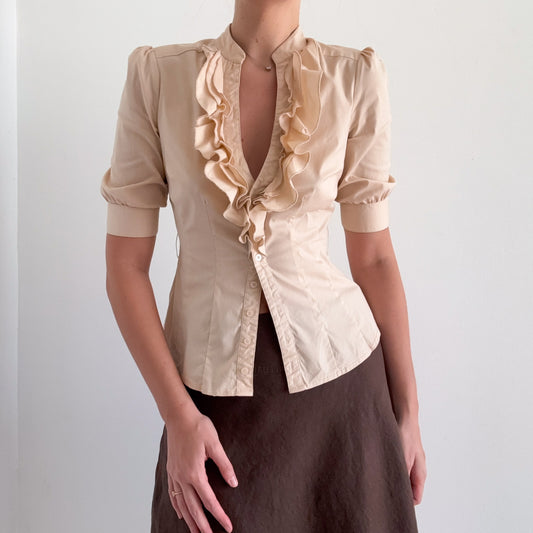 Y2K Bebe Beige Ruffle Blouse / SZ S