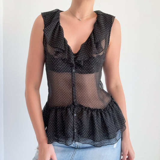Y2K Black Polka Dot Ruffle Blouse / SZ M