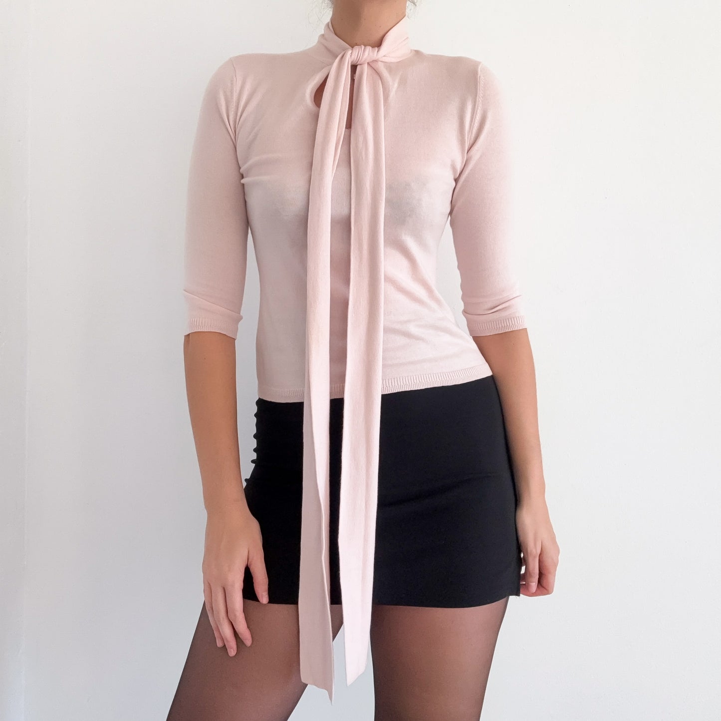 Y2K Baby Pink Knit Neck Tie Top / SZ M
