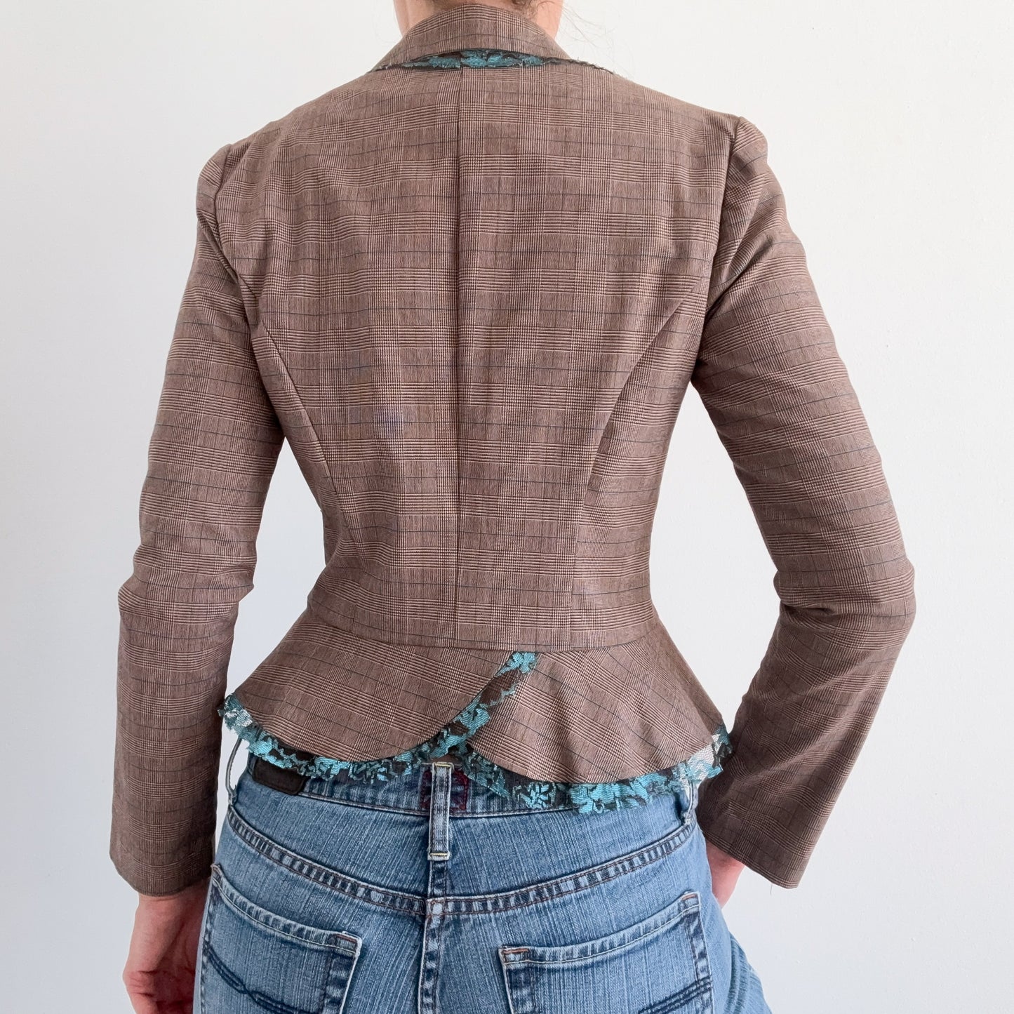 Y2K Brown Plaid & Aqua Lace Blazer / SZ S-M