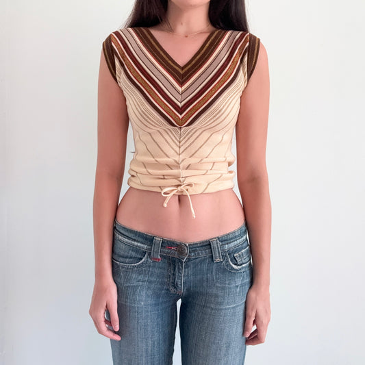 70's Cream & Brown Chevron Knit Top / SZ S