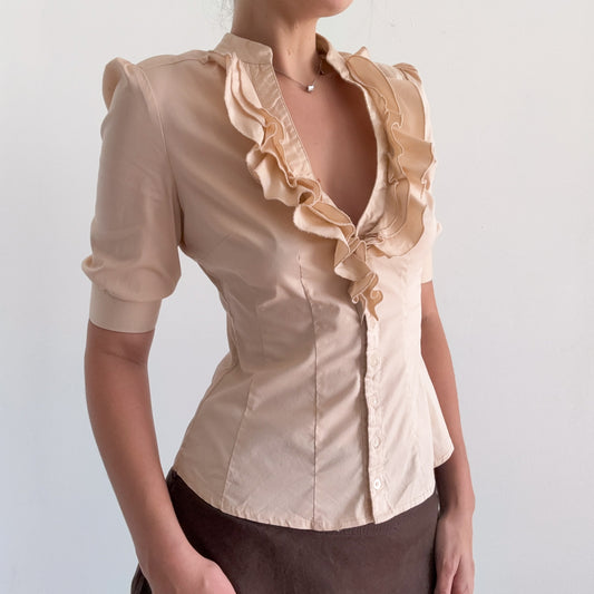 Y2K Bebe Beige Ruffle Blouse / SZ S