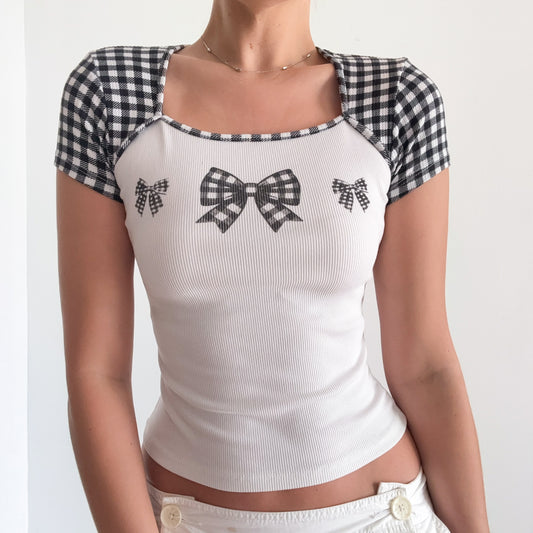 Y2K White & Black Gingham Bow Tee / SZ S