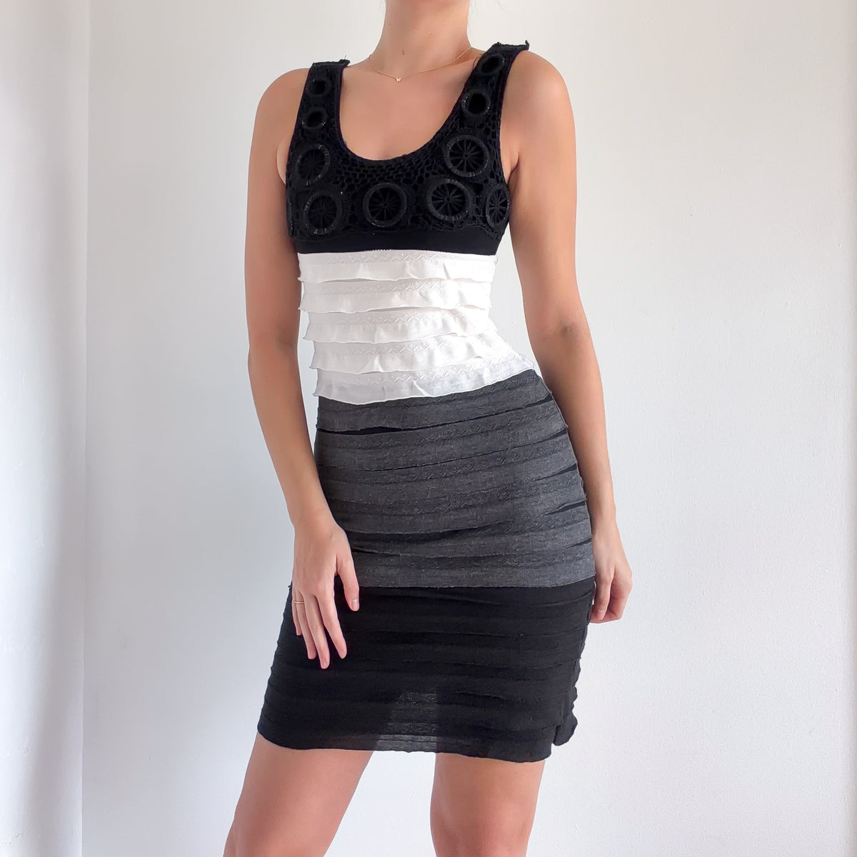 Y2K Black & White Crochet Tiered Dress / SZ S