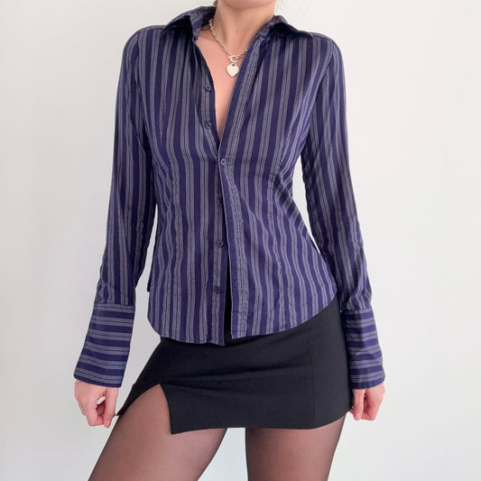 Y2K Dark Blue Striped Button Blouse / SZ S