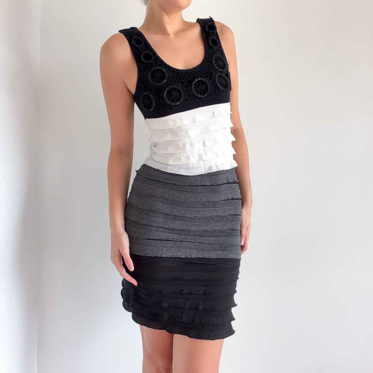 Y2K Black & White Crochet Tiered Dress / SZ S