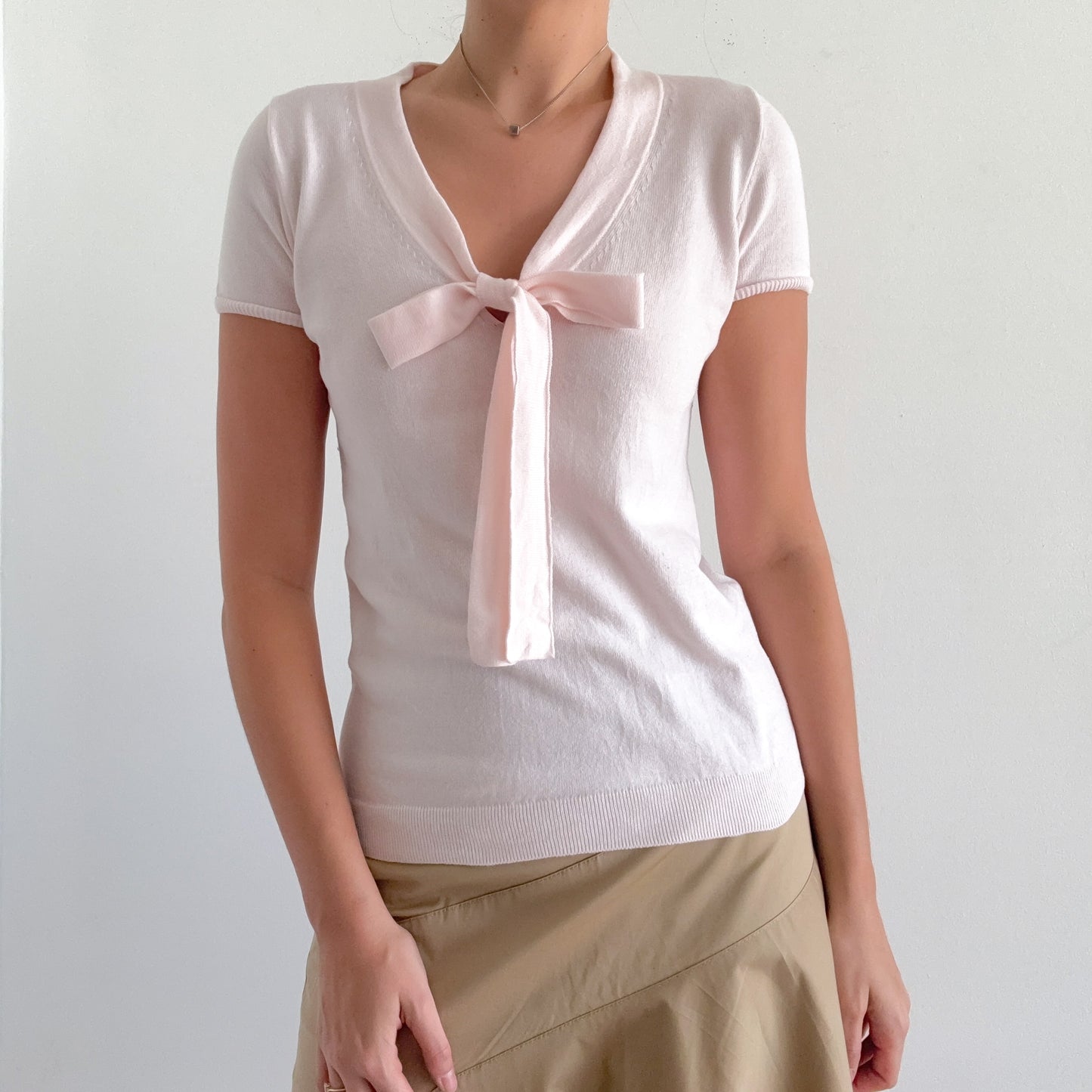 Y2K Baby Pink Knit Bow Top / SZ XS-S