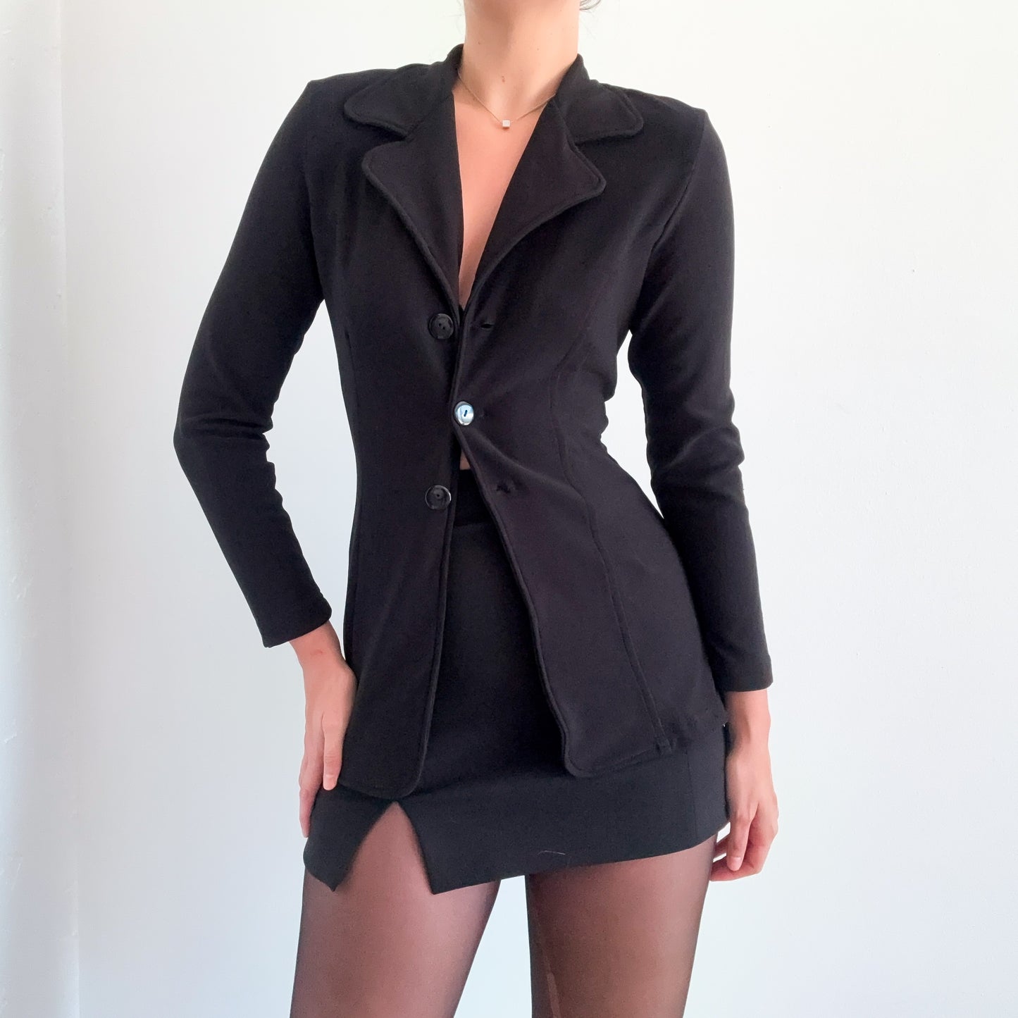 90's Black Ribbed Fitted Blazer Jacket / SZ S