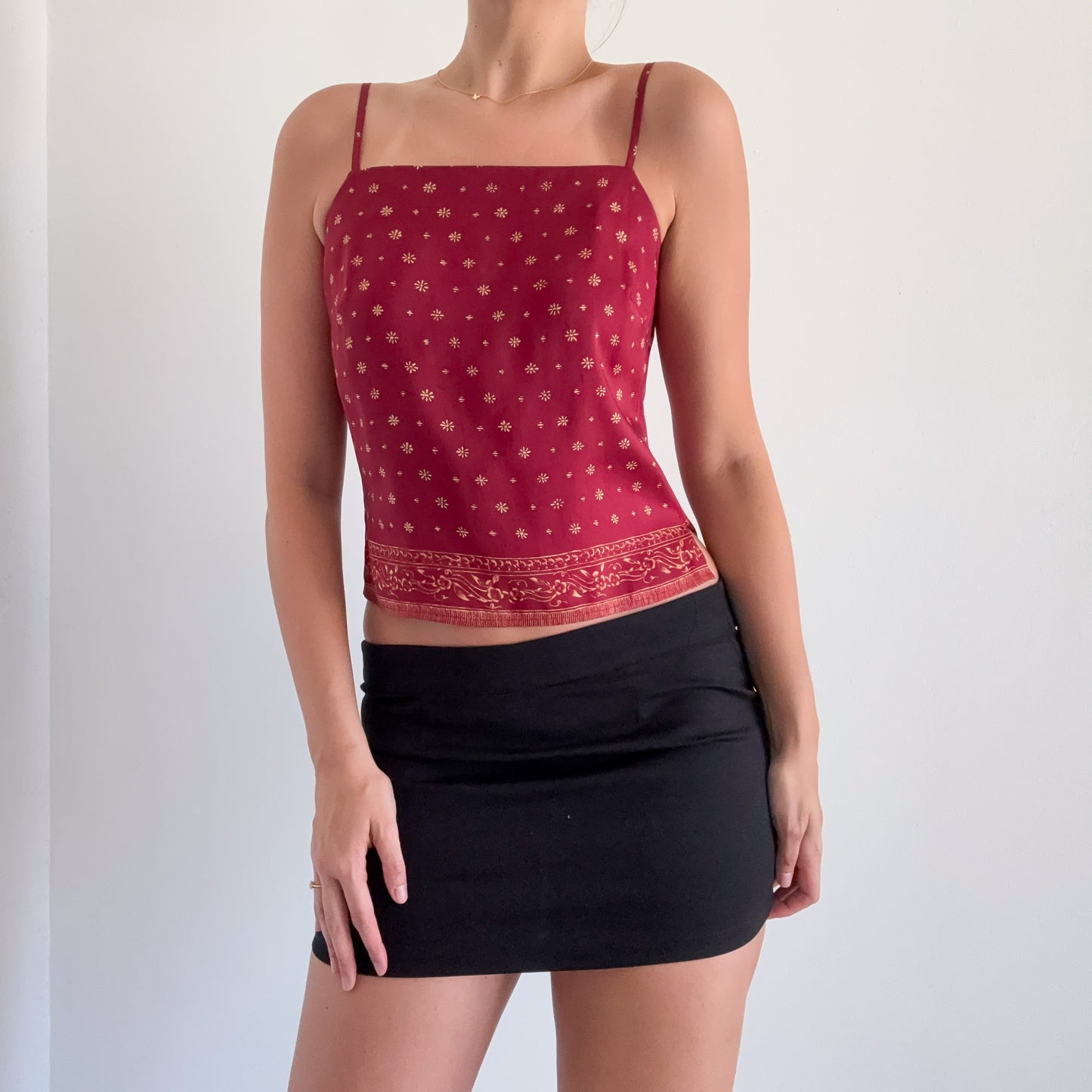 90's Maroon Silk Printed Top / SZ 4
