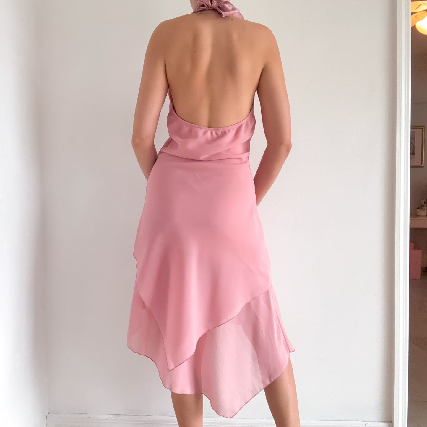 Y2K Pink Asymmetric Halter Midi Dress / SZ M-L