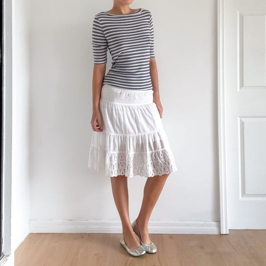 Y2K White Cotton Eyelet Midi Skirt / SZ XS/S