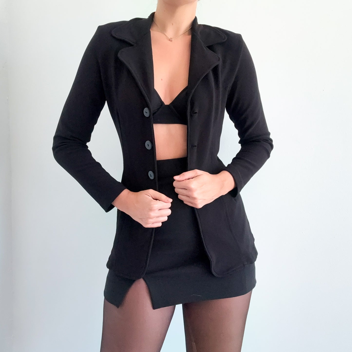 90's Black Ribbed Fitted Blazer Jacket / SZ S