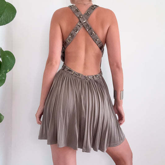 Y2K Grey Bedazzled Pleated Backless Dress / SZ S