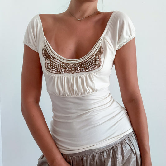 Y2K Cream Beaded Pearl Top / SZ M