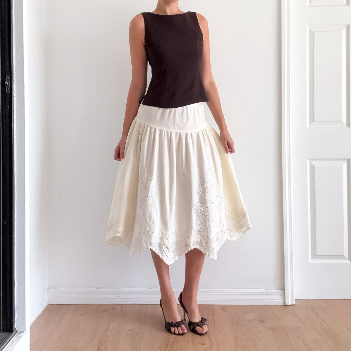 Y2K Pale Yellow Cotton Eyelet Midi Skirt / SZ 6