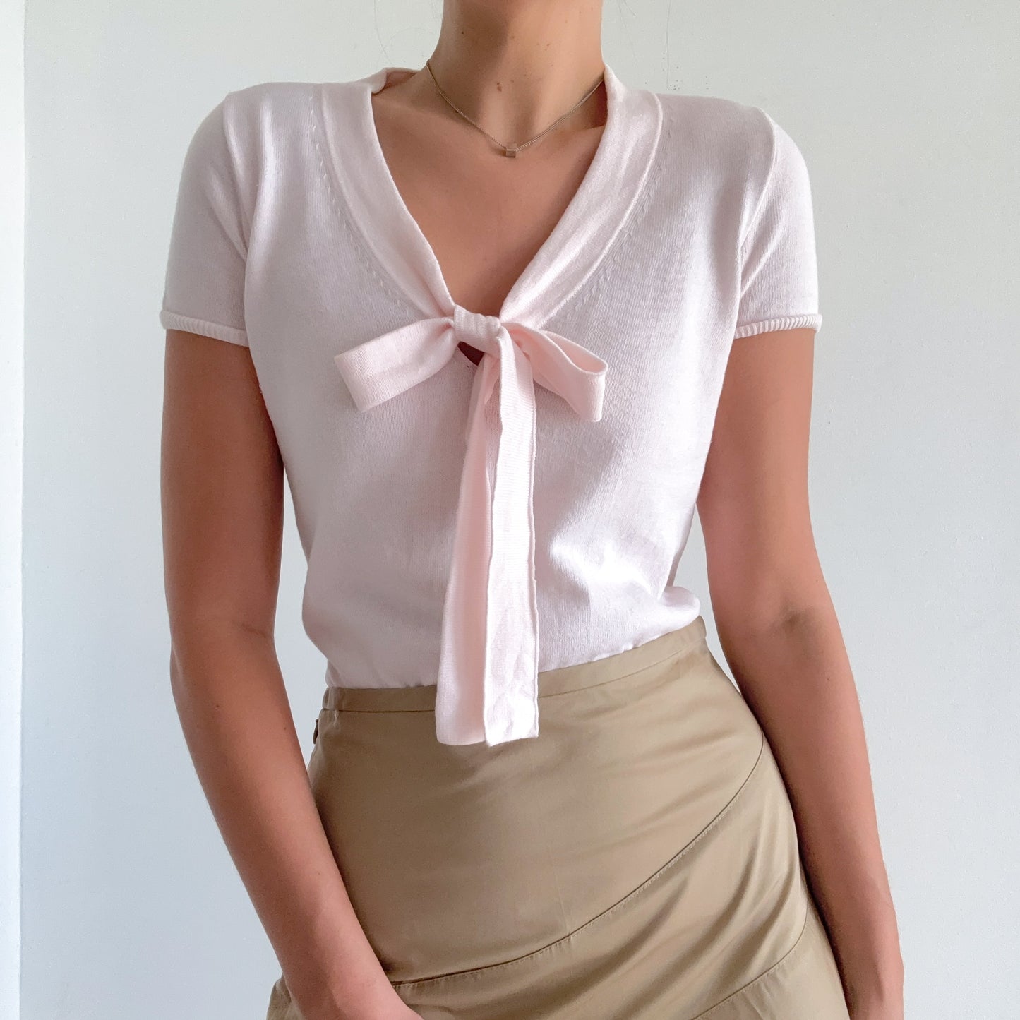 Y2K Baby Pink Knit Bow Top / SZ XS-S