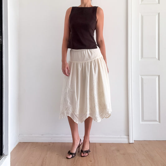 Y2K Pale Yellow Cotton Eyelet Midi Skirt / SZ 6