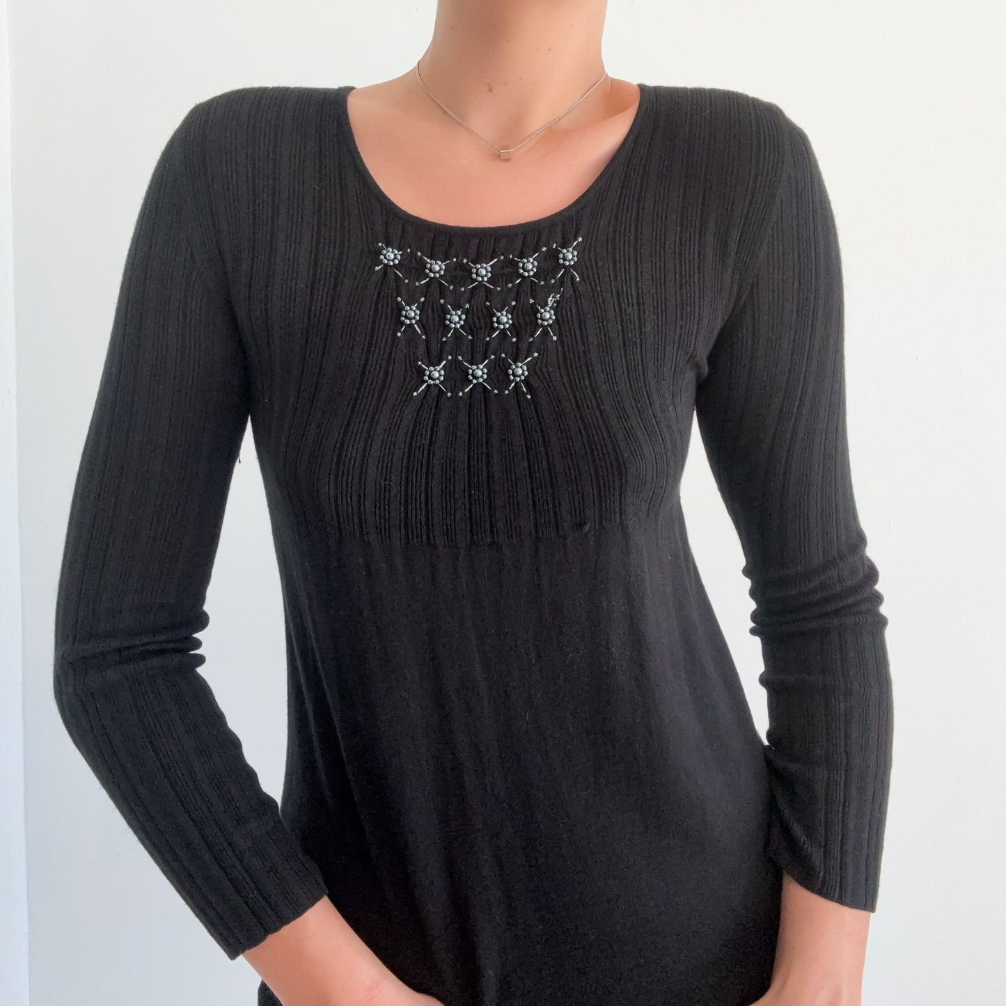 Y2K Black Silk Knit Beaded Mini Dress / SZ S
