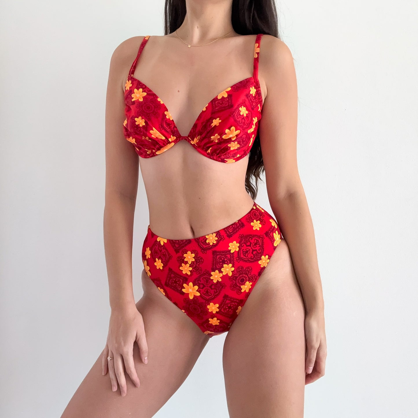 90's Red & Orange Floral Bikini / SZ M