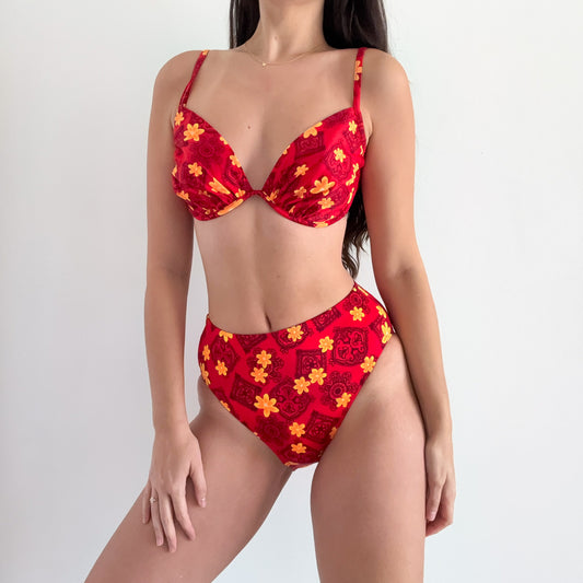 90's Red & Orange Floral Bikini / SZ M