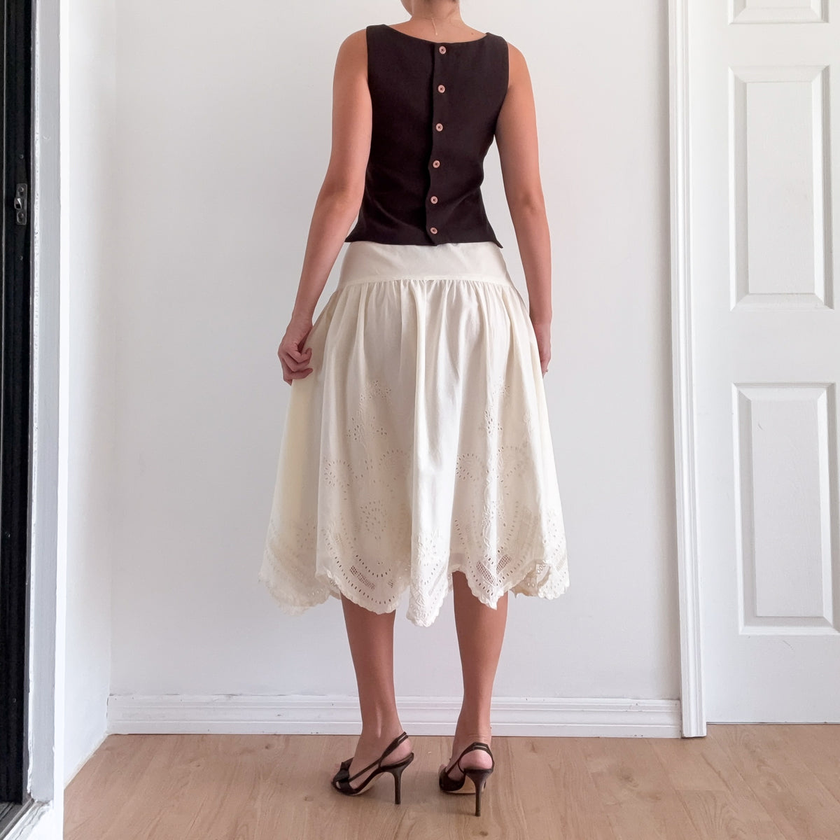 Y2K Pale Yellow Cotton Eyelet Midi Skirt / SZ 6