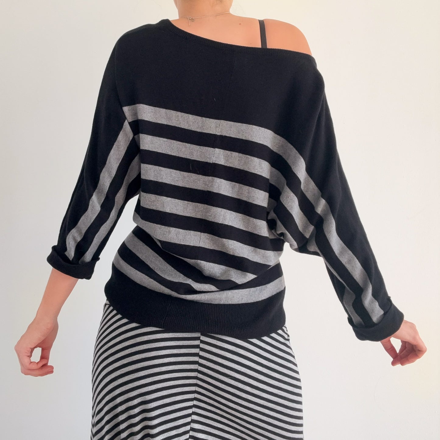 Y2K Black & Grey Striped Knit Dolman Sleeve Top / SZ S