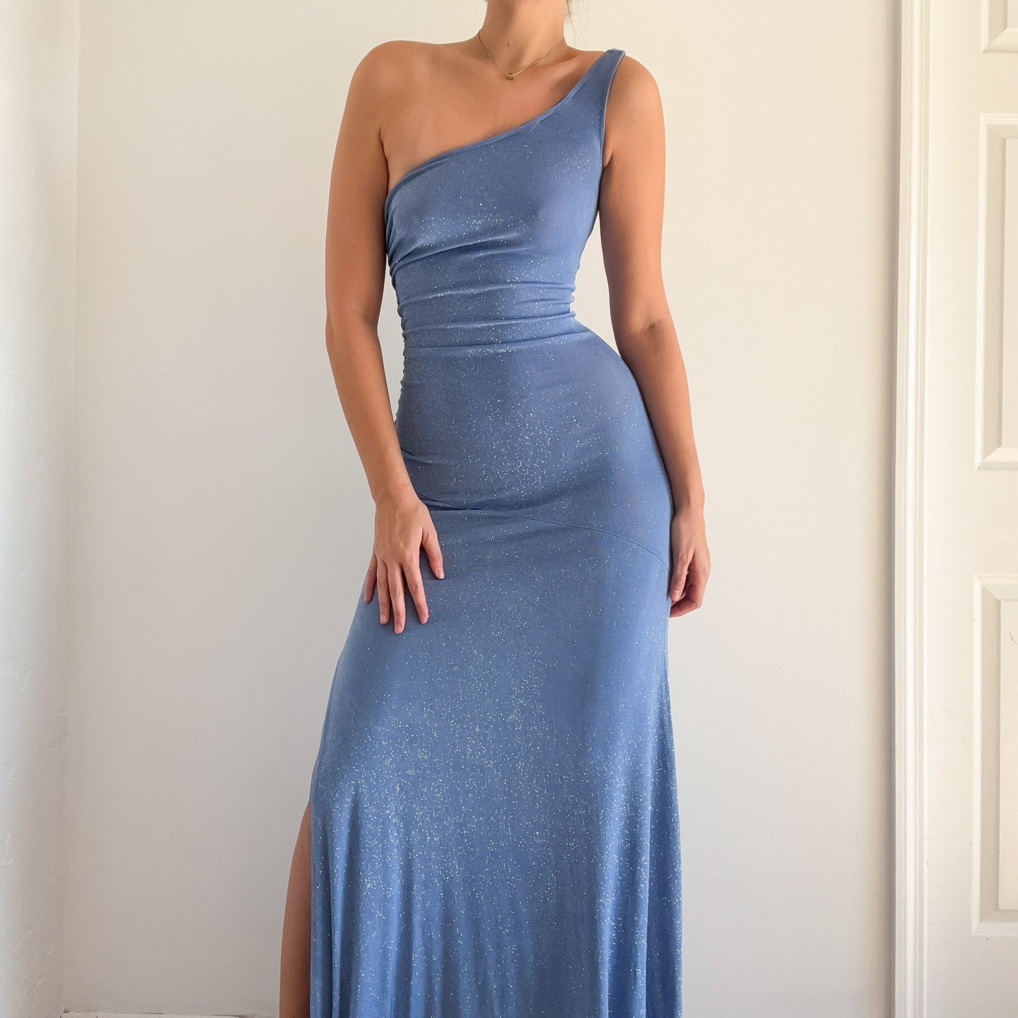 Y2K Powder Blue Sparkle One Shoulder Gown / SZ S