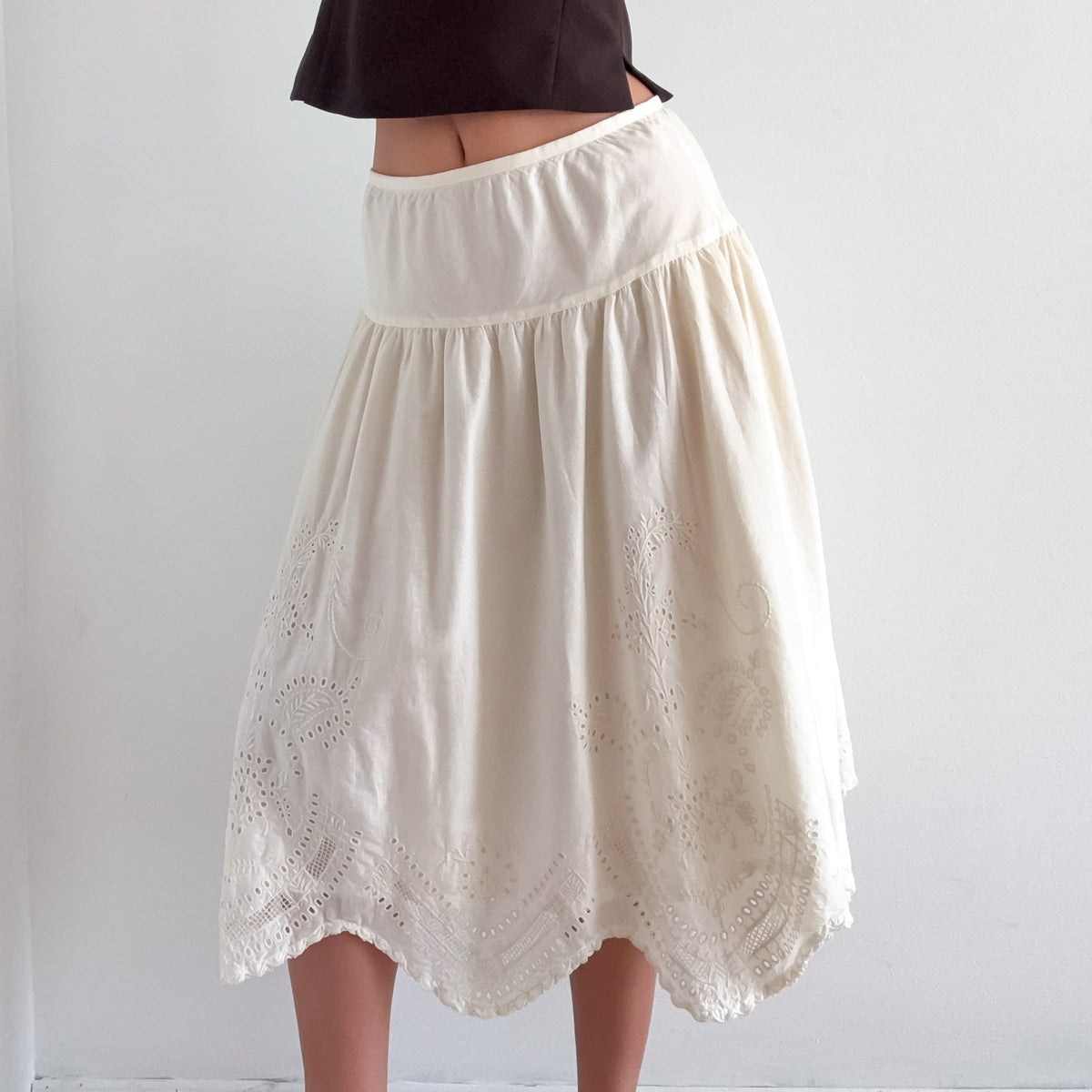 Y2K Pale Yellow Cotton Eyelet Midi Skirt / SZ 6