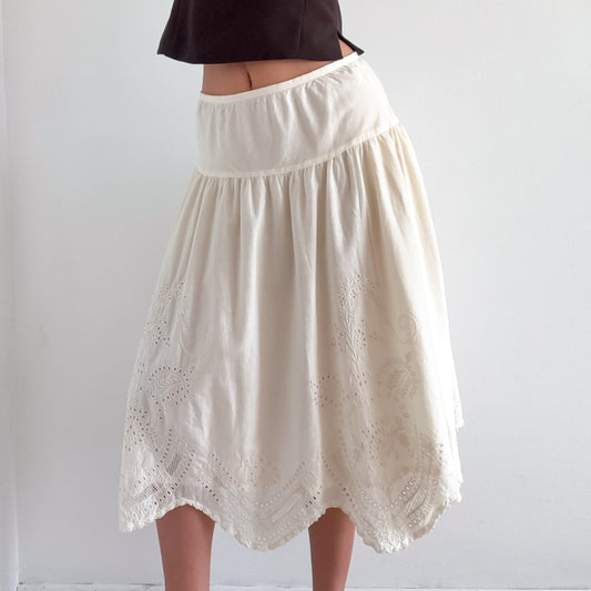 Y2K Pale Yellow Cotton Eyelet Midi Skirt / SZ 6
