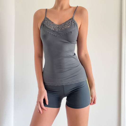 Y2K Grey Stretch Lace Tank / SZ XS-M